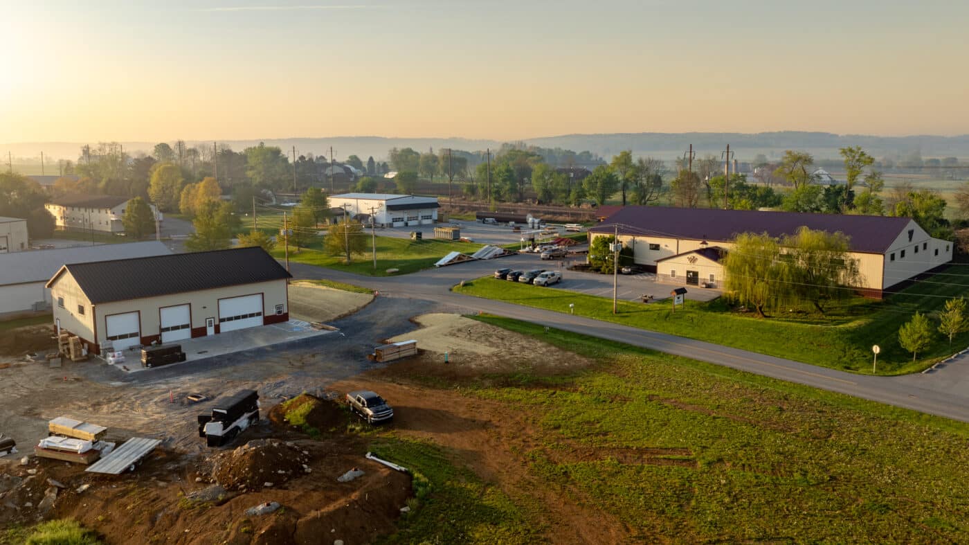 wide aerial shot with morning light showing full facility at wagler steel in paradise pa
