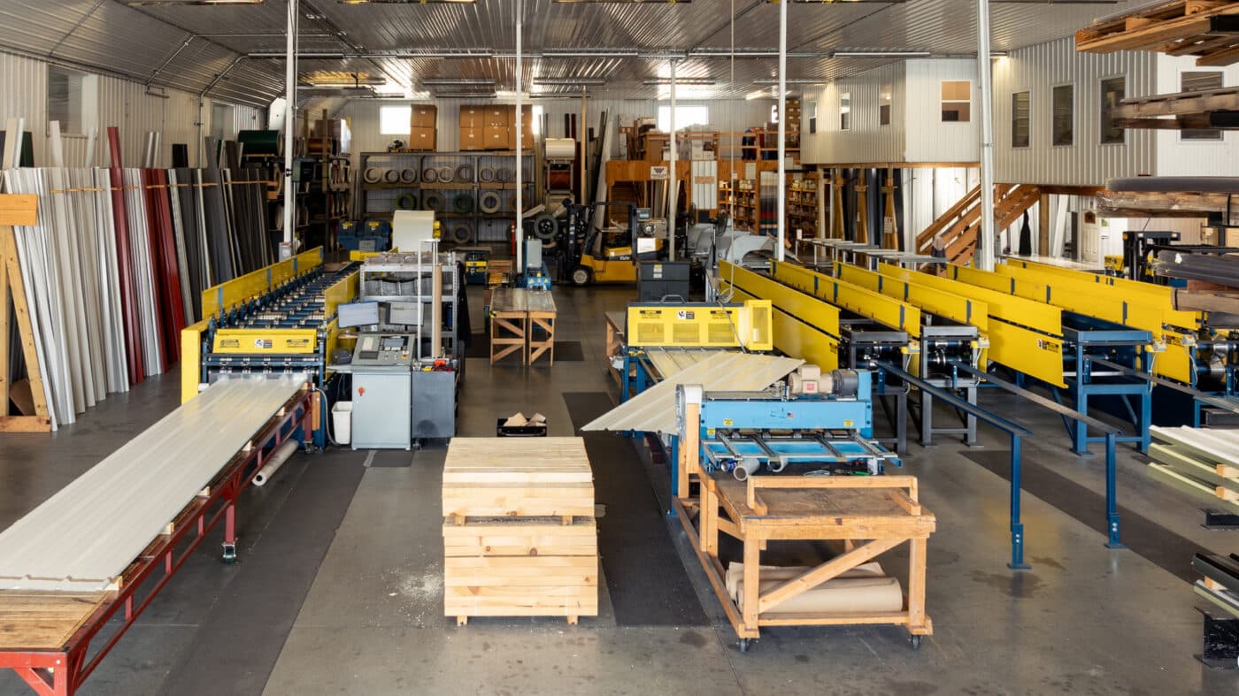 aerial wide shot of the metal roofing and siding manufacturing facility at wagler steel in paradise pa
