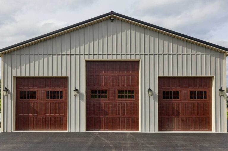 Light gray Board and Batten metal panel siding on a garage near Camden, DE