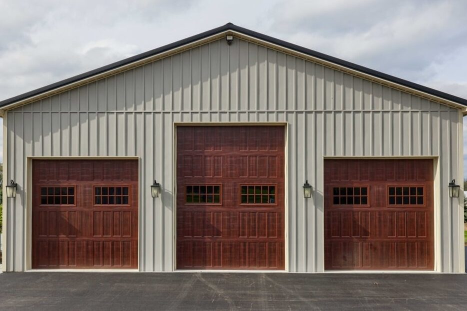 Light gray Board and Batten metal panel siding on a garage near Wilmington, DE