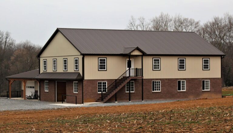 barn with light stone metal siding and burnished slate roofing and siding in leola pa